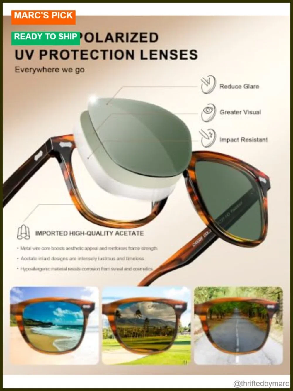 Men's Polarized Square Sunglasses UV400 Acetate Frame